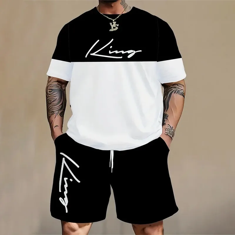 

Summer Men's Casual Short Sleeve Suit Retro Fashion Pattern Printed Short Sleeve Top And Shorts Set Men's Retro Style Plus Size