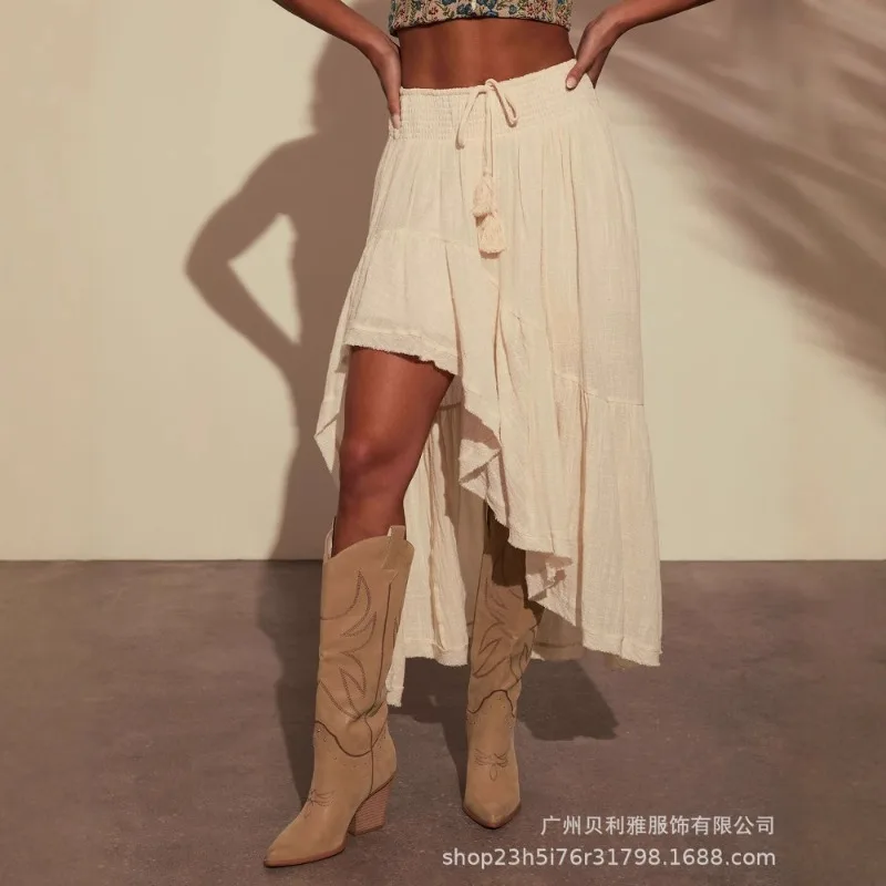 Spring and Summer Asymmetrical Splicing High Waist Skirt Solid Color Casual Skirt