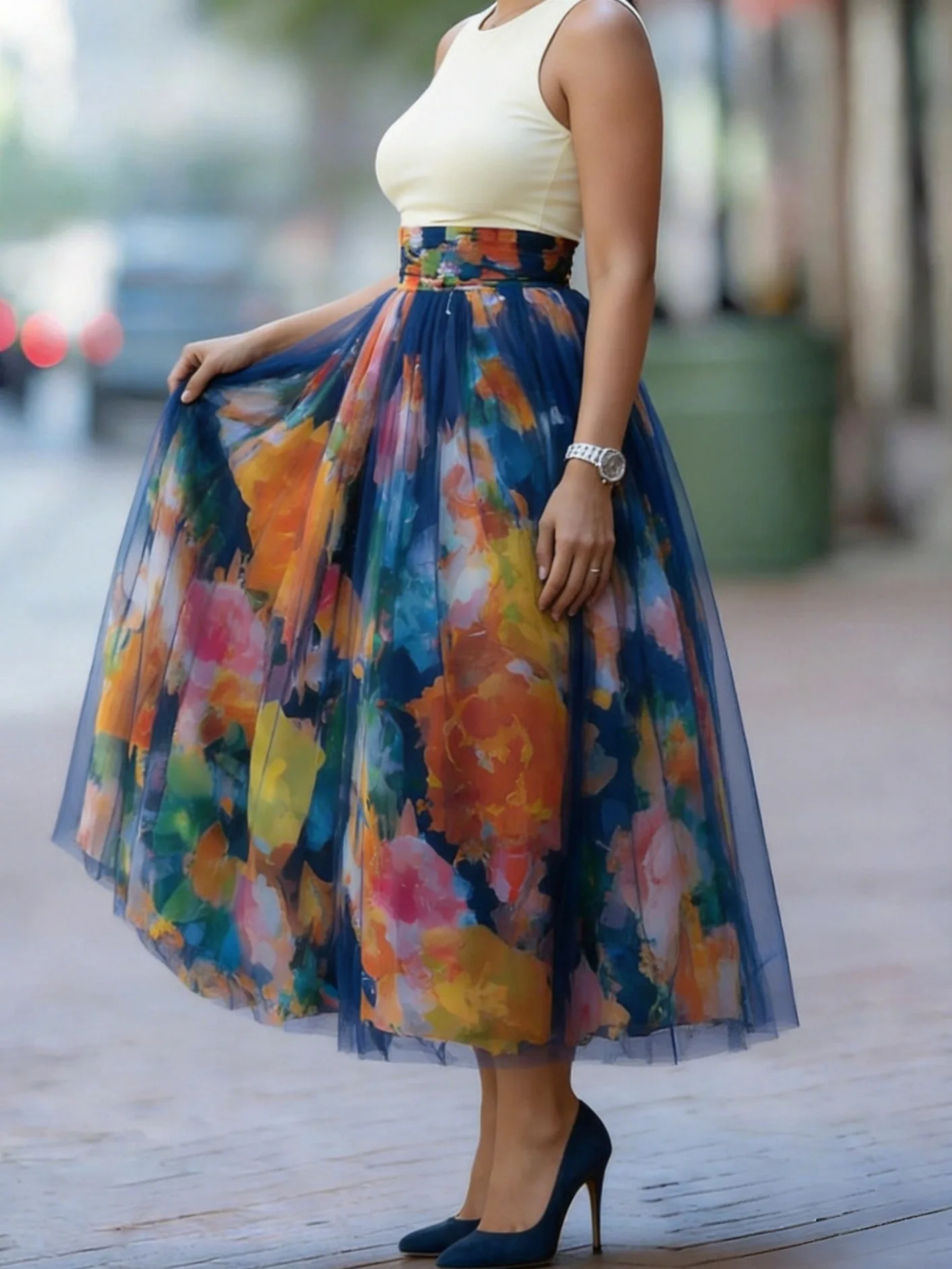 Casual Women's Pocket Commute Long Skirt Vintage Contrast Color Printed Mesh Half Skirts Elegant High Waist Pleated Swing Skirts