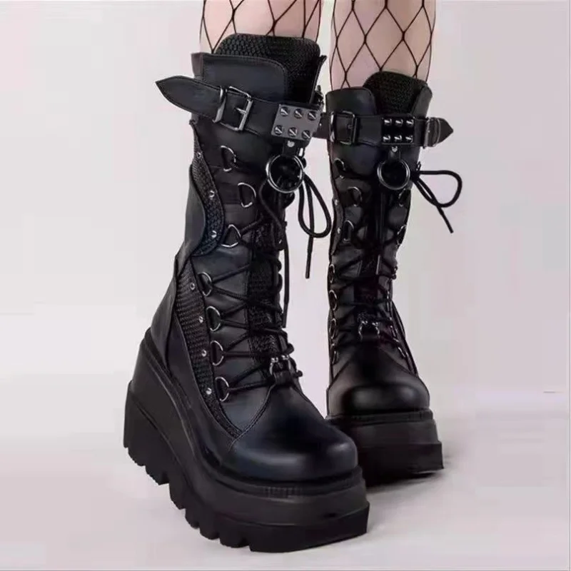 Thick Soled Willow Nail Motorcycle Boots  Dark Gothic Punk Style  Mid Length Boots For Women  Matte Punk Women's Whoes