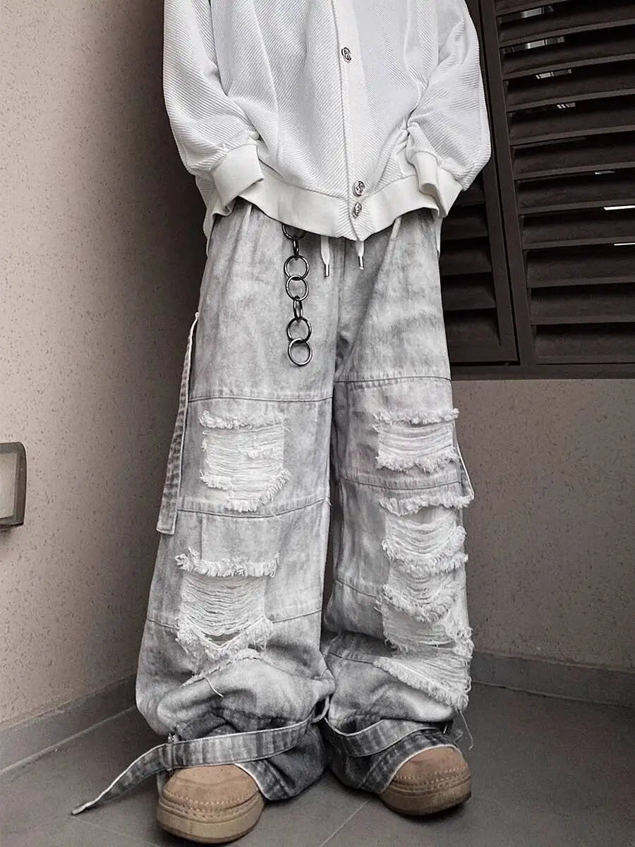 Man Jeans Street Fashion Cargo Jeans Hip Hop Mud Dyed Hollow Out Denim Pants Wide Leg Retro Distressed Washed Loose Trousers