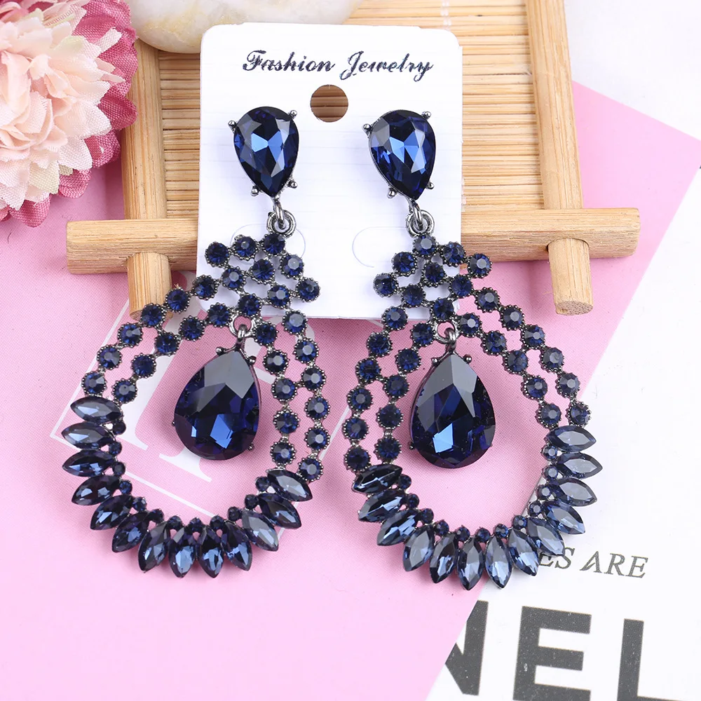 Formal Jewelry Bridesmaid Wholesale Long Hollow Teardrop Champagne Gray Crystal Rhinestone Chandelier Drop Earrings for Women