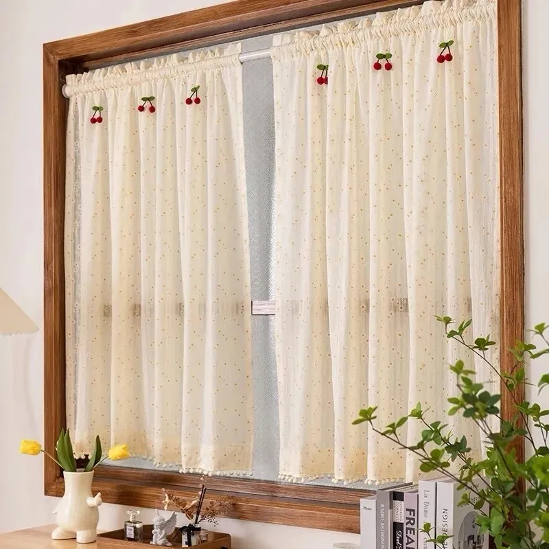 Pastoral Daisy Short Curtain Valance Kitchen Half Drape with Red Cherry Small Window Cabinet Porch Living Room Tassel Curtain