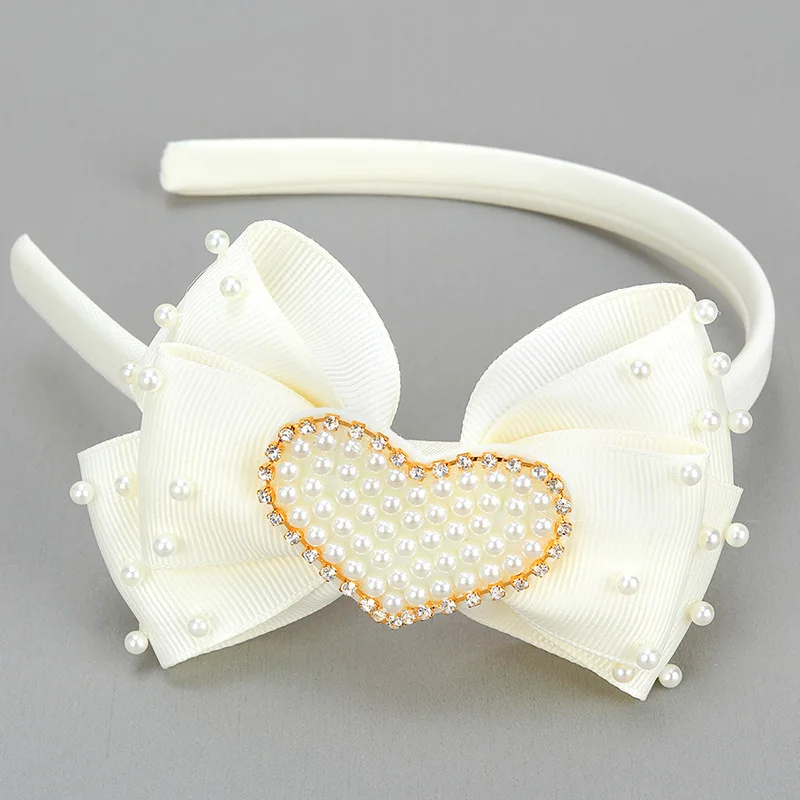 Elegant Pearl Bow Hairbands Fashion Rhinestone Love Heart Headband Kids Ribbon Hair Hoop Headwear Girls Hair Accessories