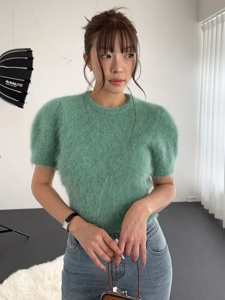 

Fashionable Fluffy Warm round Neck Short Sleeve Women's Knitted Sweater New Autumn High-End Feeling Top Quality Knitwear