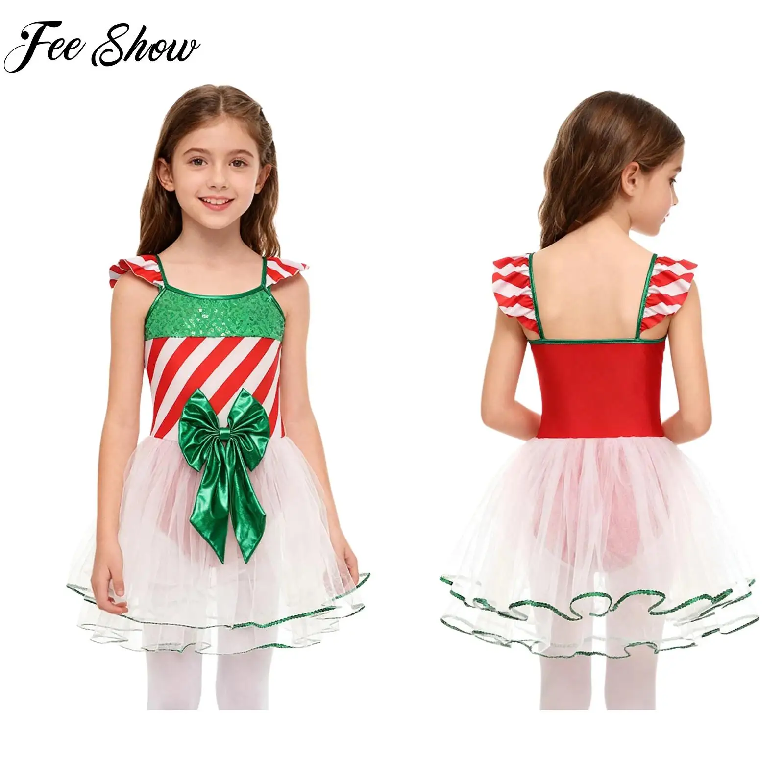 

Girls Gymnastics Christmas Candy Cane Cosplay Costume Shiny Sequins Stripes Ballet Tutu Dress Bodysuit Xmas Party Leotard Dress