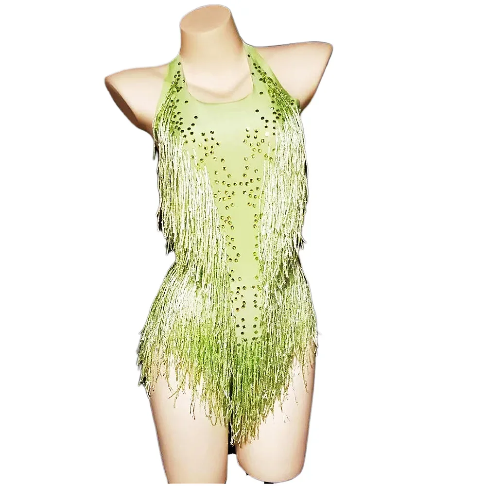 Rose rouge brillant strass franges body femmes Sexy Club tenue danse Costume une pièce Showgirl porter Performance justaucorps
