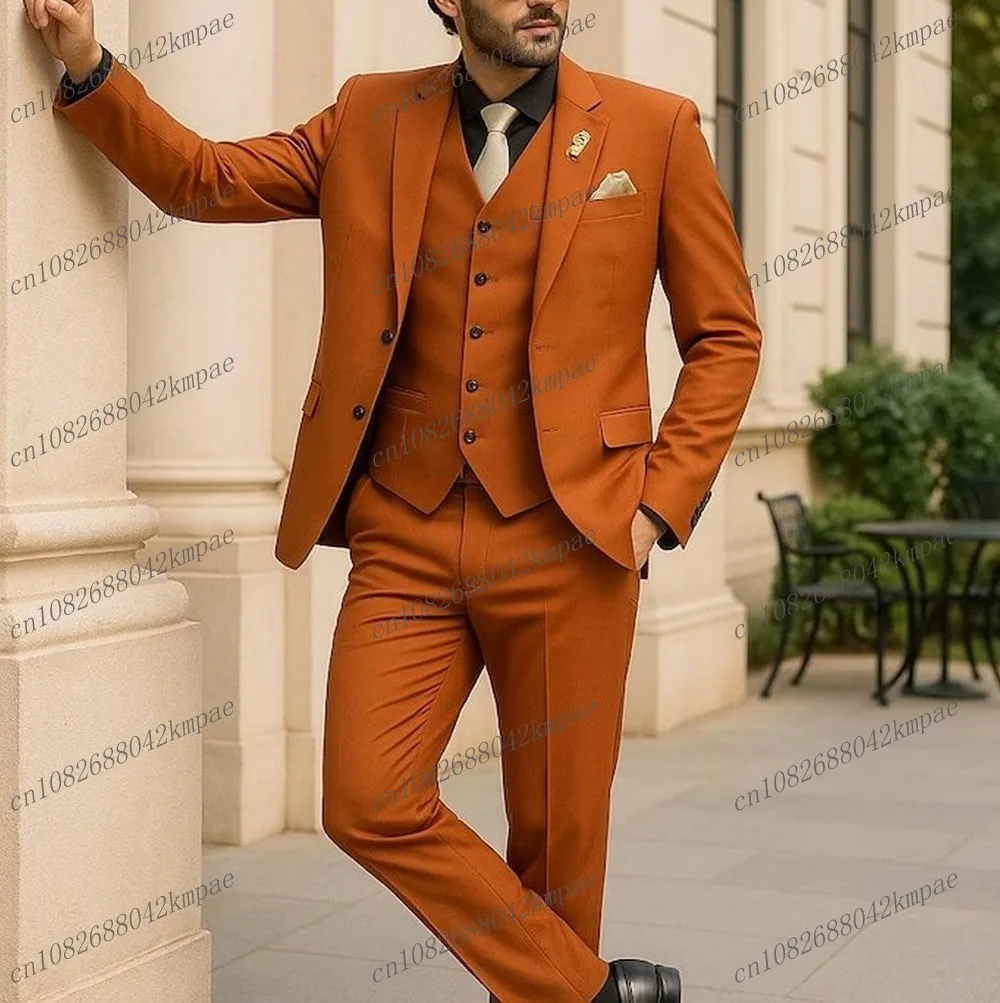 

New Dark Orange Men Suits Formal Occasion Groom Groomsman Wedding Party Prom Business Male Tuxedos 3 Piece Set Blazer Vest Pants