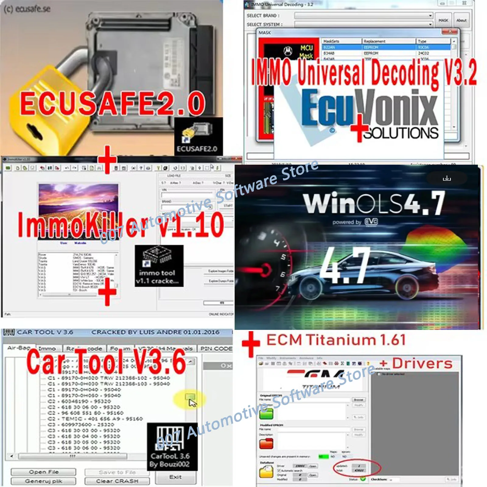 2025 ECUsafe 2.0+Car Tool 3.6 Clear Airbag Immo Off+ImmoKiller v1.1+IMMO Universal Decoding V3.2+Winols 4.7+ECM TITANIUM 1.61