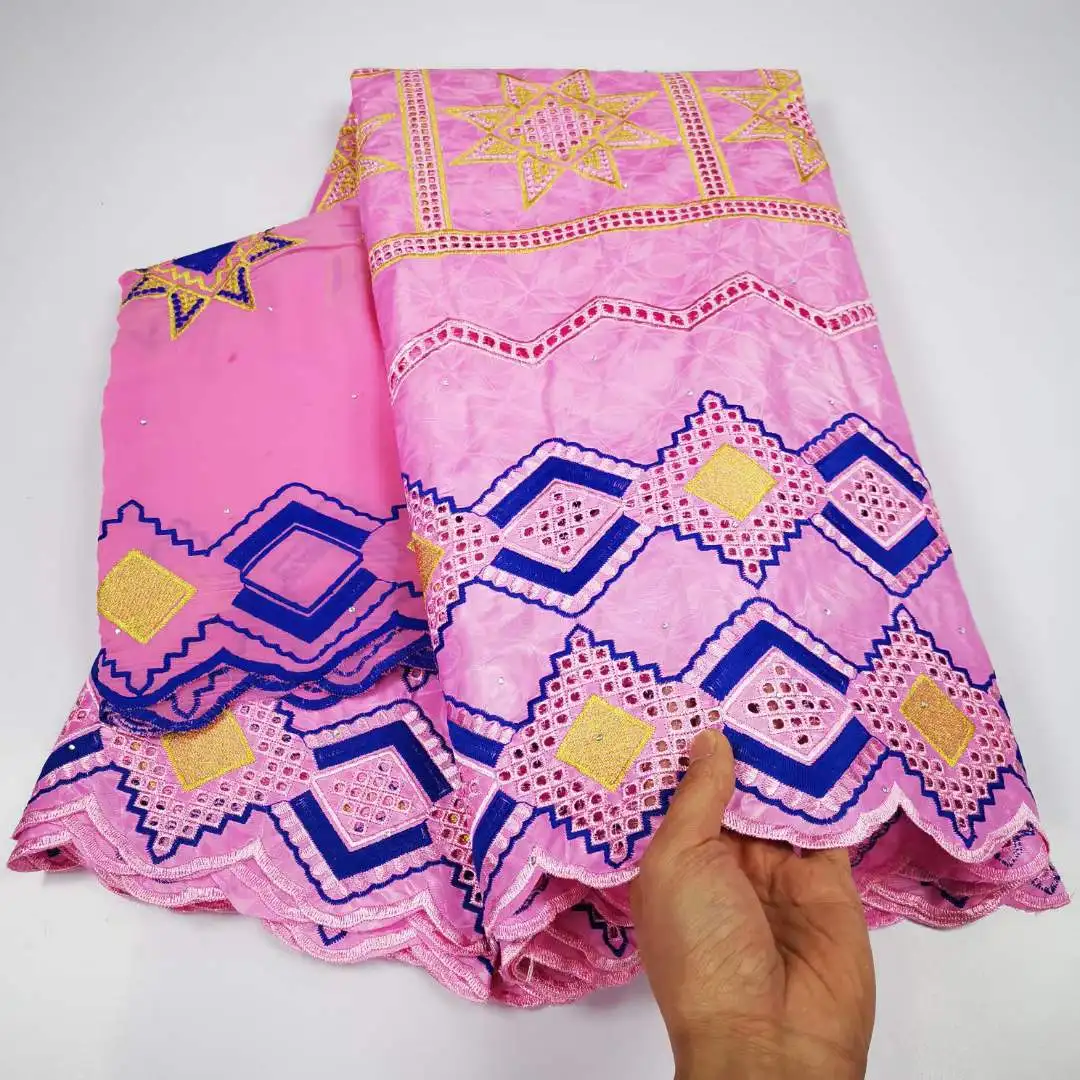 

2021 Latest African bazin riche fabric with brode Latest fashion embroidery bazin lace fabric with net lace 5+2 yards PYC20106