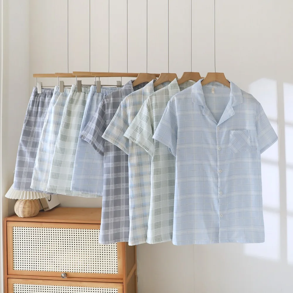 

2Pcs Pajama Man Summer Short-Sleeve Top Loungewear Suit 100% Cotton Gauze Thin Casual Pijama Set Mens Plaid Pyjama Sleepwear