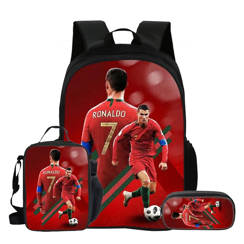 Ronaldo 3Pcs Set School Backpack Football Star Backpack Pencil Bags CR Bookbag with Lunch bag Knapsack Best Gift