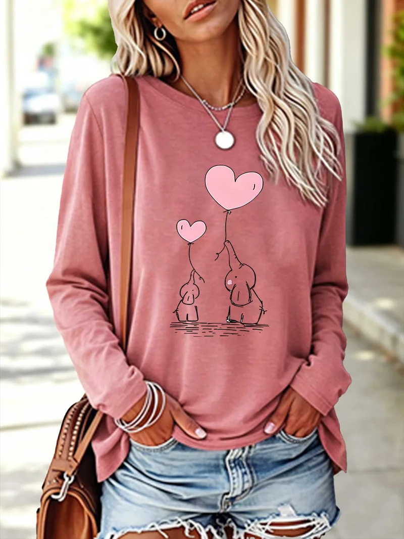 Funny Women's Long Sleeve T-Shirt Elephant Holding Heart Balloons Line Art Graphic Cute Crew Neck Winter Fall Tops Tee