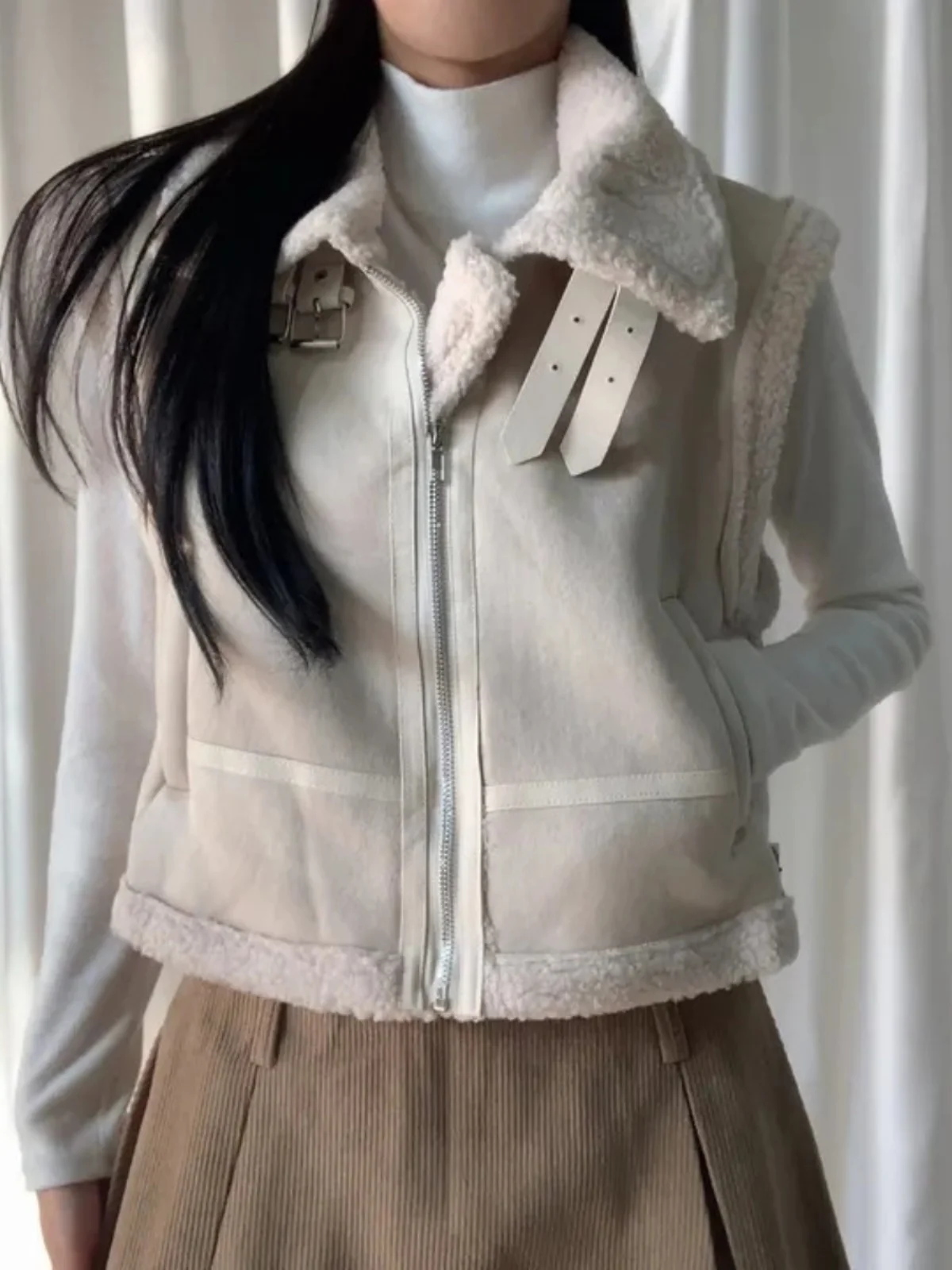 

Korean Sle ort Biker Vest Women's Winter eepskin Fce Lined Leather And Fur Inteated Outdoor Wear Vest Jaet
