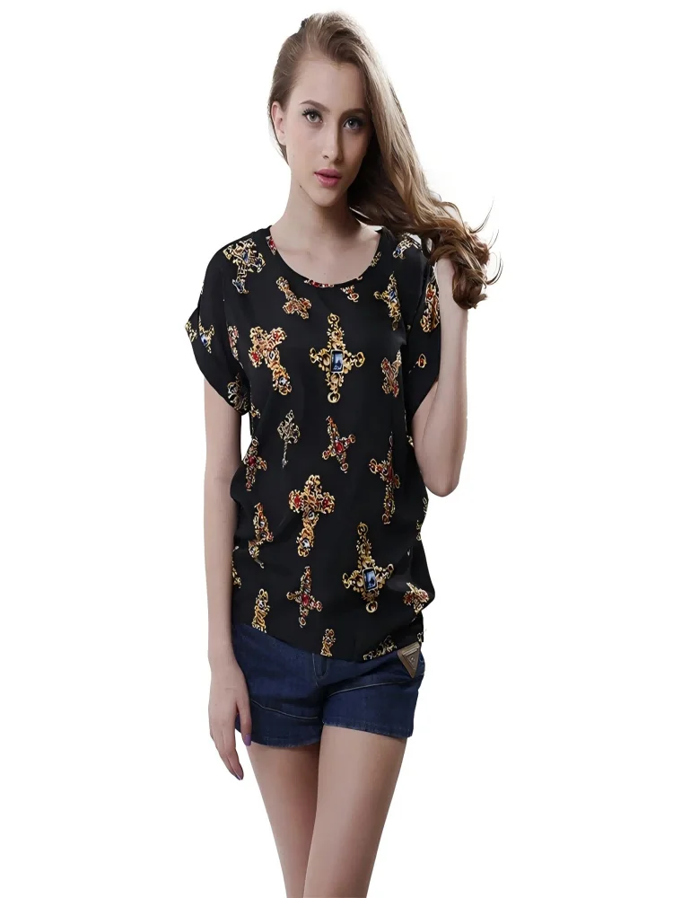 

Softu Hot Summer Women's Casual Blouse Shirt Floral Chiffon Print O Neck Short Sleeve Lady's Top Loose Blusas