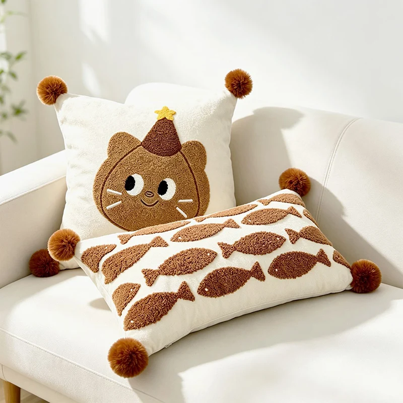 Cream Style Cartoon Embroidery Lumbar Throw Pillow for Sofa Living Room Light Luxury Decor Removable Cover