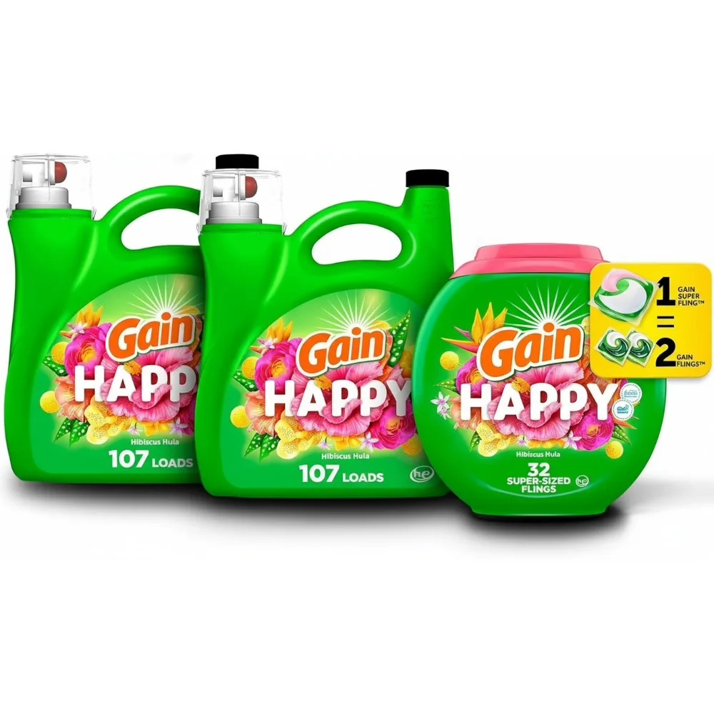 

Fresh Scent Liquid Laundry Detergent Bundle, HE Compatible, 154oz + 32 Pacs with Odor Eliminator, Happy Mood Boost