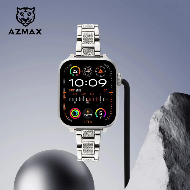 AZMAX สร้อยข้อมือสแตนเลสผู้หญิงคริสตัลเต็มรูปแบบสําหรับ Apple Watch Series S7/8/9 Ultra2/1 อุปกรณ์เสริมสายนาฬิกาคริสตัล