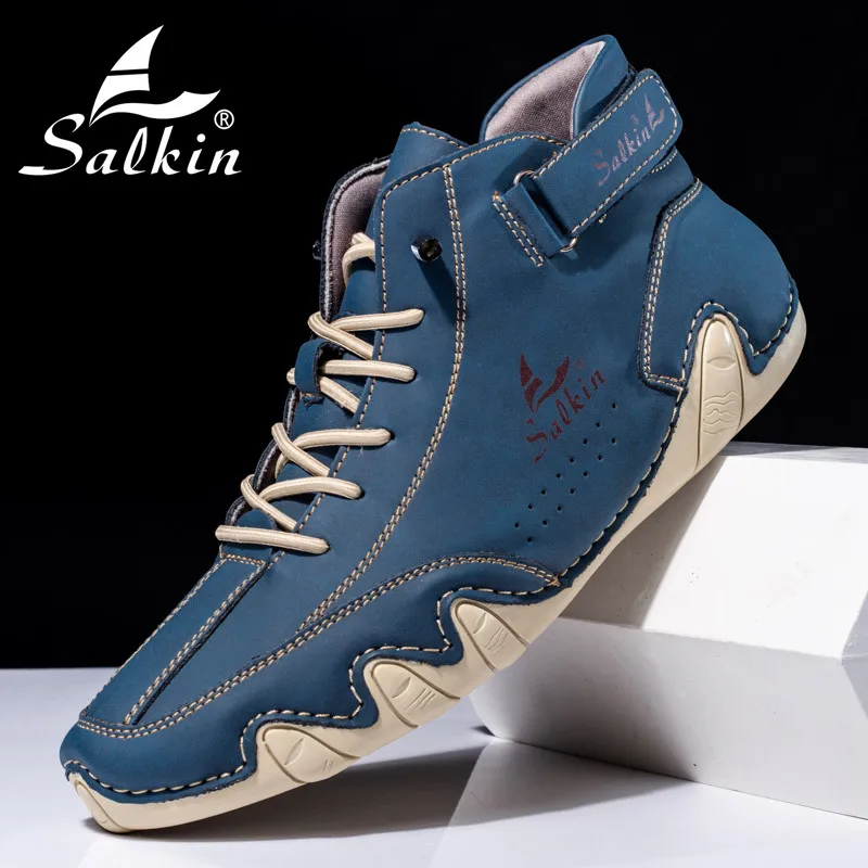 SALKIN Retro Classic British Style Men Leather Shoes Handmade Shoes Breathable Driving Shoes Casual Leather Shoes Ankle Boots