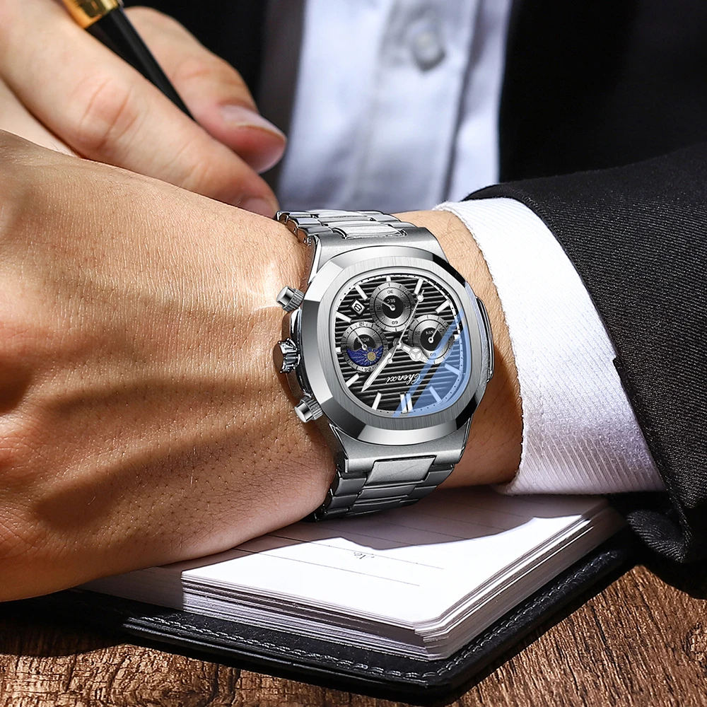 2023 New CHENXI Luxury Watch Men Business Fashion Waterproof Stainless Steel Chronograph Moon Phase Quartz Wristwatch Male Clock