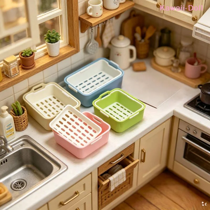 [DO]1 Set 1:12 Scale Dollhouse Sink Organizer With Removable Tray Miniature Kitchen Drain Basket For Mini Kitchen Decor[DO]