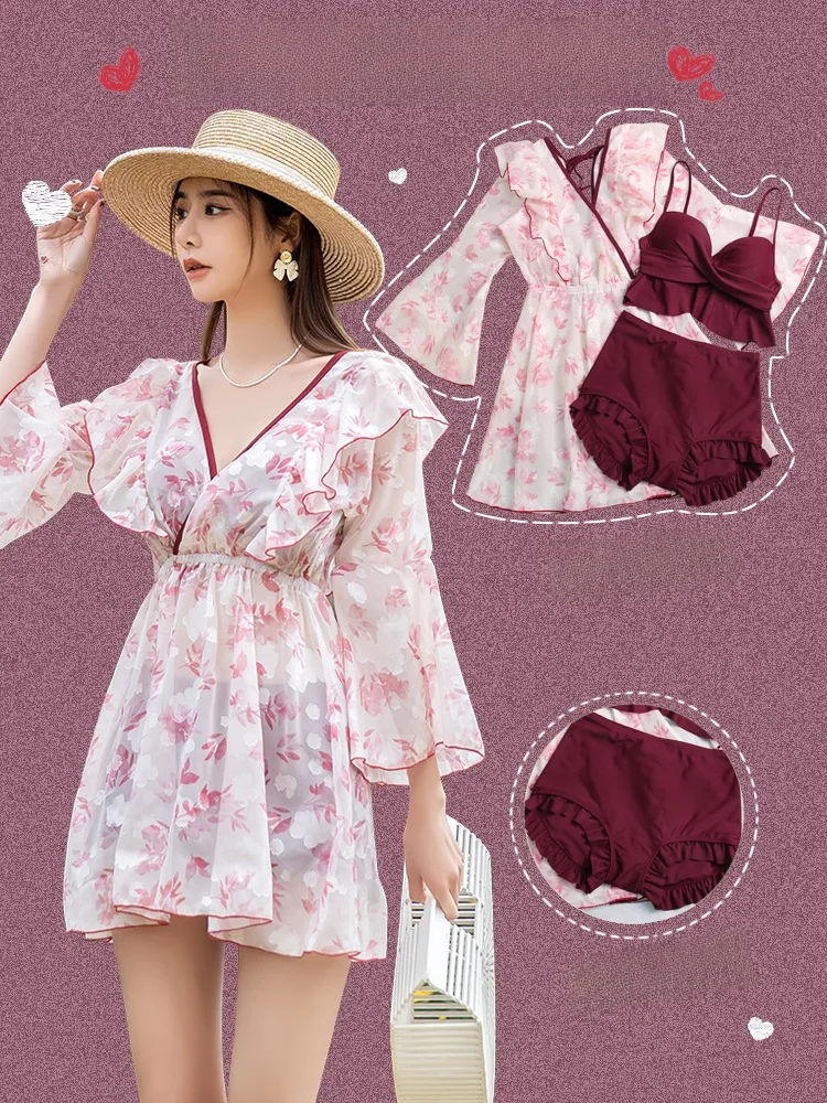 

Sexy Flikini Tee Piece Set Large Size Thermal Spa Long Sve Women's Swimsuit Separate Swimwear Beach Playwear