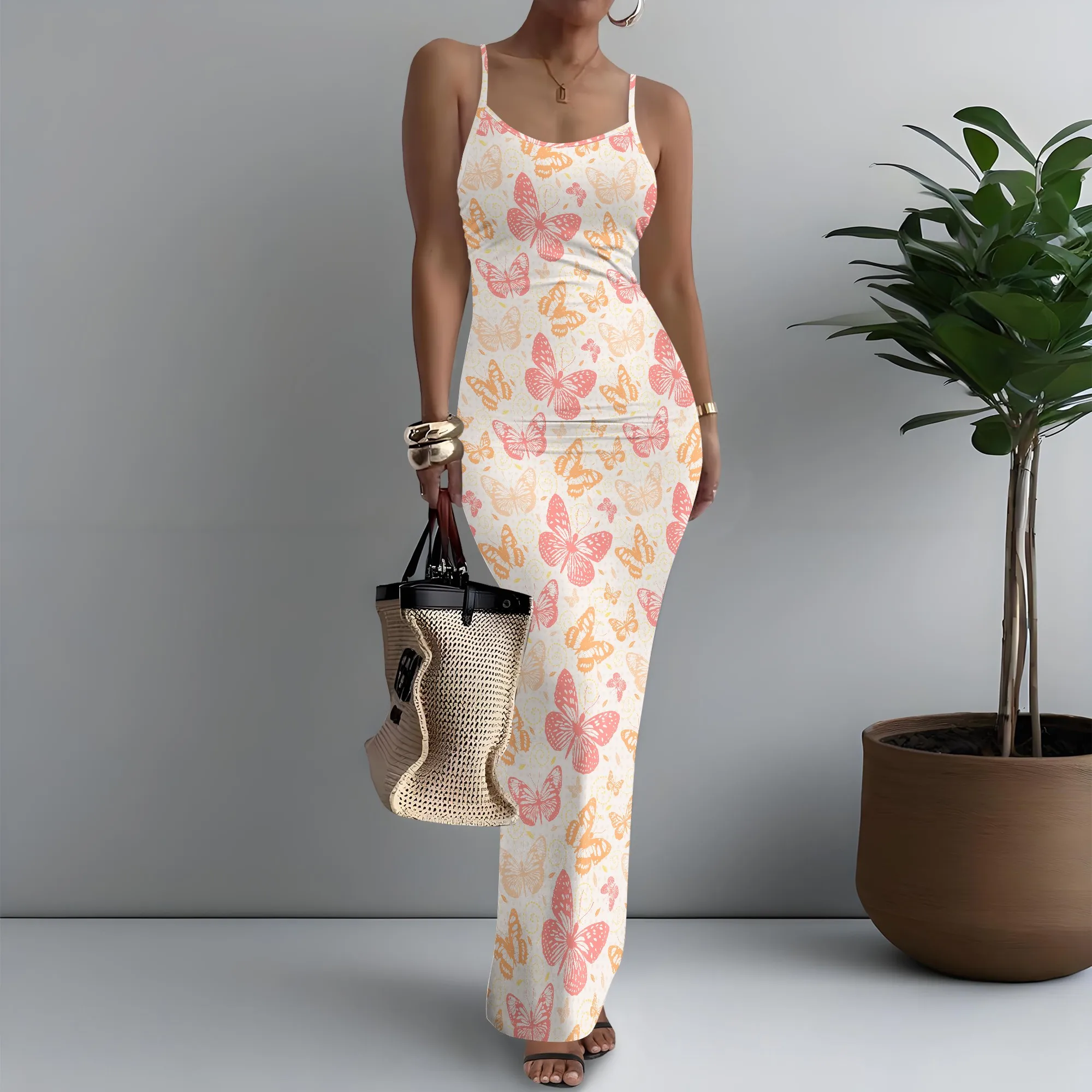 

Women's Spaghetti Strap Maxi Dress Boho Chic Butterfly Print Flowy XS-3XL