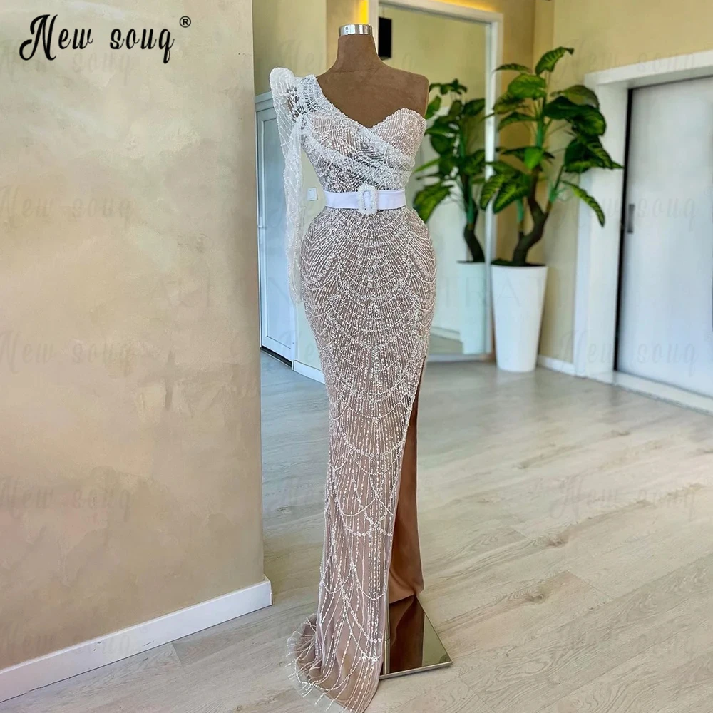 

Ivory High Quality Evening Dress Arabic One Shoulder Side Slit Wedding Party Dresses With Belt 2024 Celebrity Gowns Beading