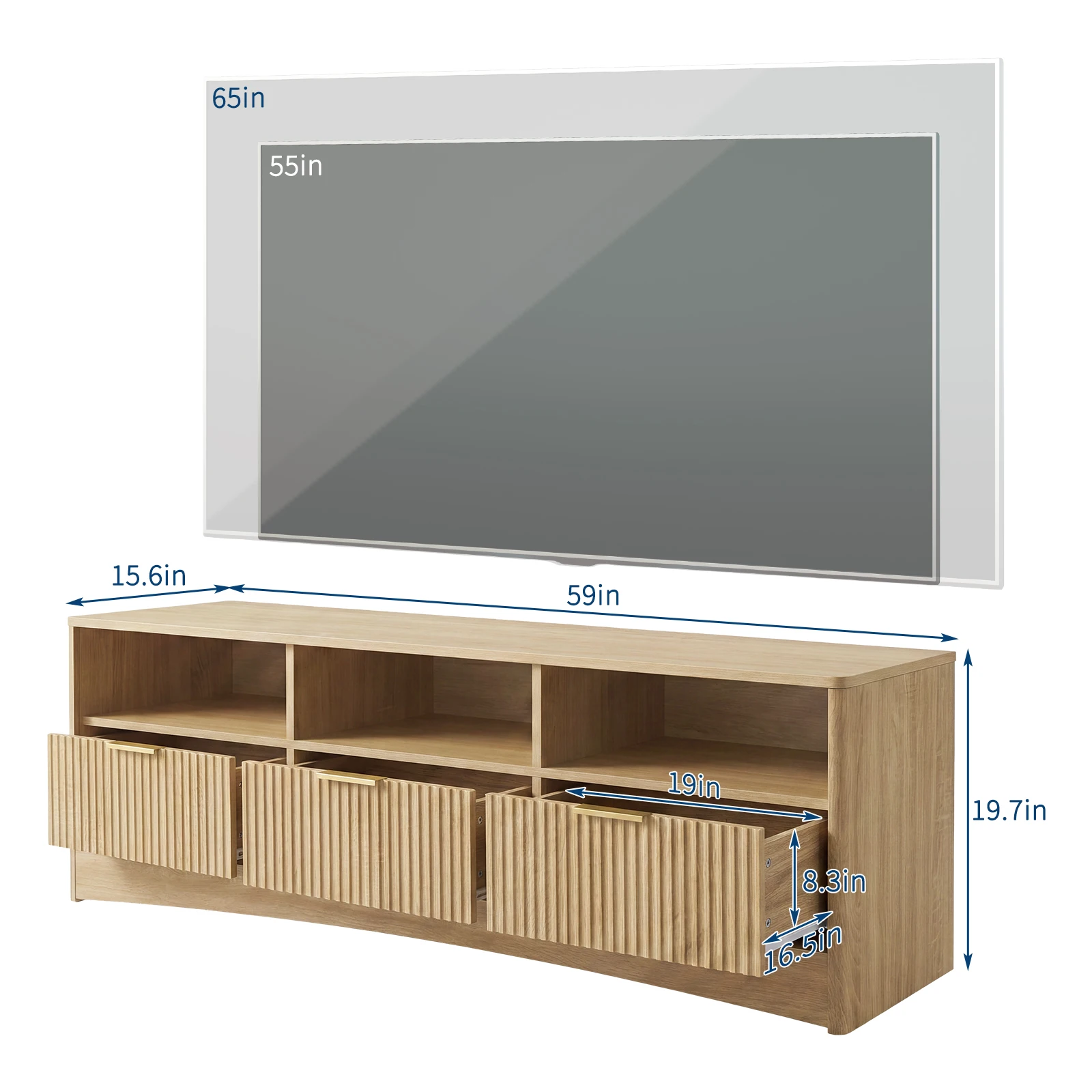 59-Inch Fluted TV Stand for TVs Up to 65 Inch | Mid-Century Modern Entertainment Center with 3 Drawers, Oak TV Console for Living Room and Bedroom