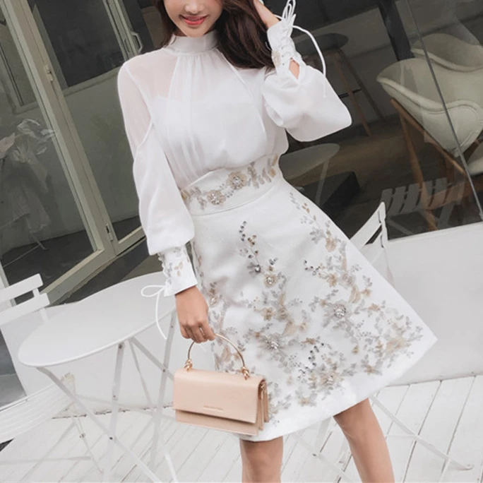 Elegant Blouse and Diamond Embroidery Skirts Woman 2 Piece Set Long Sleeve Bow Neck Evening Dress Sets Two Piece Suit Autumn