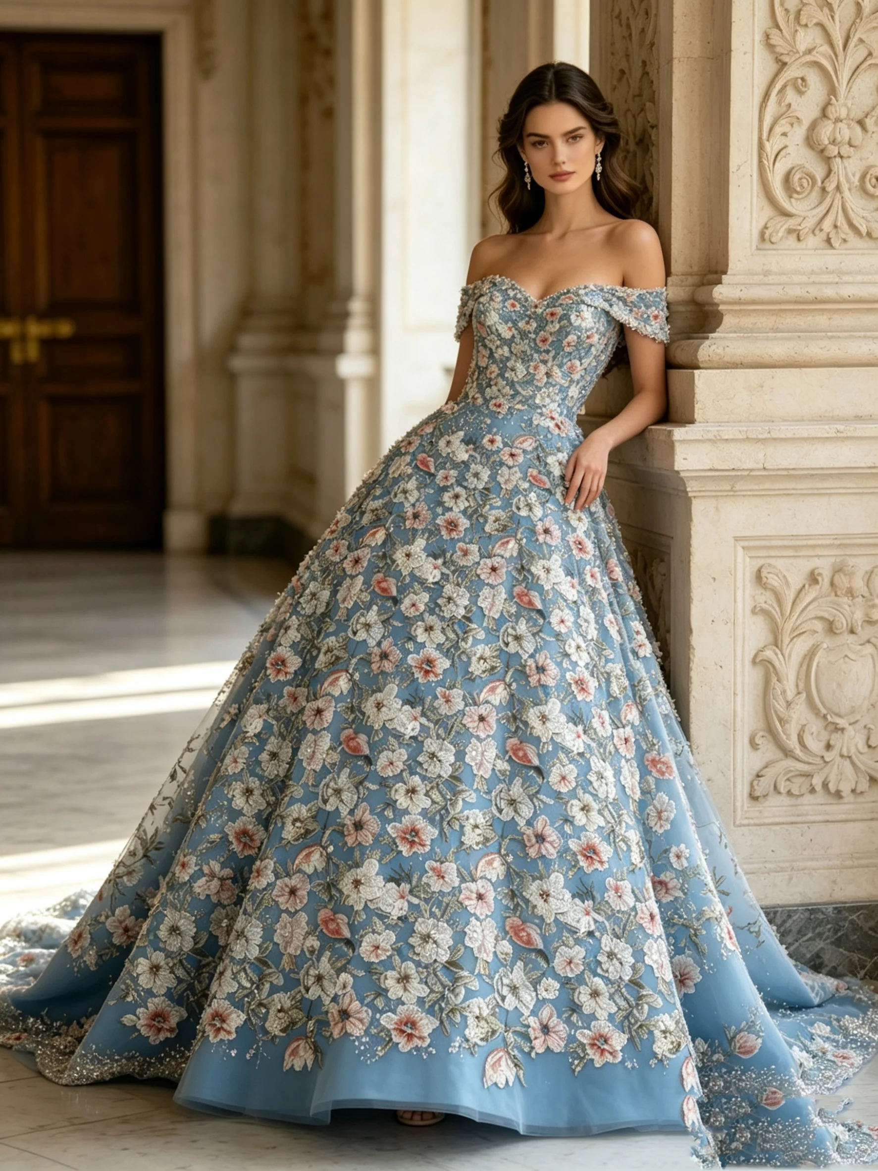 

Blue Floral Wedding Dress Sexy Off Shoulder A Line Bridal Evening Gown Customized Beach Garden Long Birthday Robe