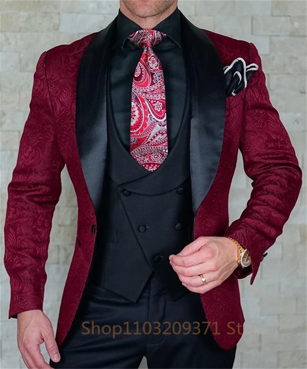 3 Piece Elegant Mens Suits Italian Design Custom Made Navy Blue Jacquard Smoking Tuxedo Jacket Groom Wedding Suits For Men