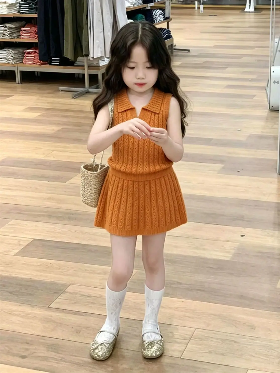 

Girls Summer Set Fashion New Children's Lapel Hollow Thin Knitted Vest+Half Skirt Two-piece Set