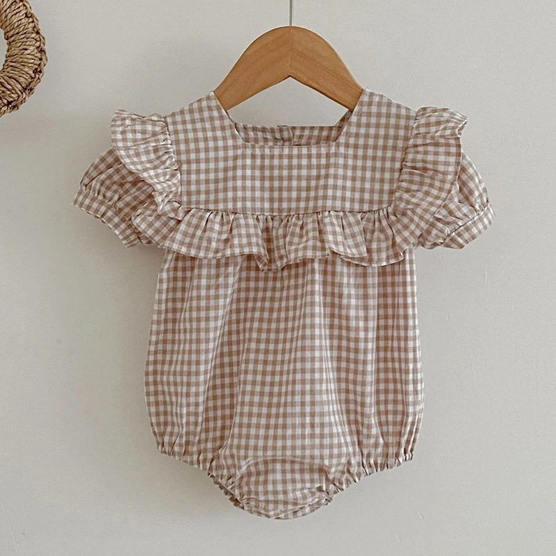 Summer Sweet Newborn Baby Girls Grid Jumpsuit Toddler Baby Girls Short Sleeves Kids Princess Dress Girls Sister Clothes