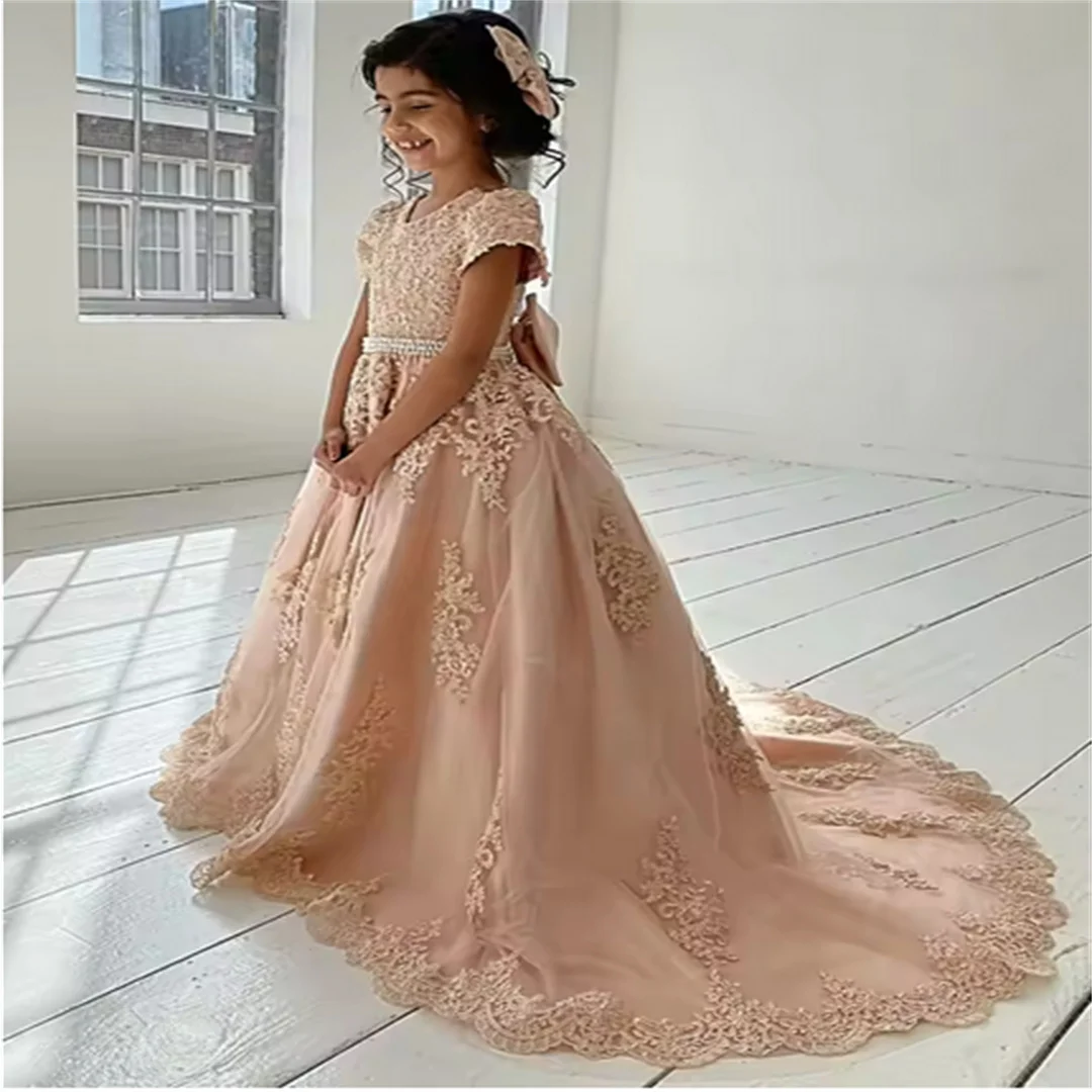 

Girls Flower Girl Dress for Wedding Appliques Tulle Pageant Dresses Short Sleeves Girls Ball Gown with Bow princess dress