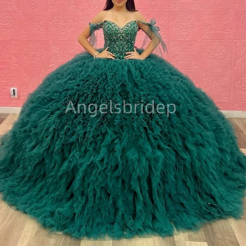 Angelsbridep vestido de 15 años 2025สีเขียวมรกตชุดไปงานเต้นรำปุยหวาน16 quinceanera ชุดชุดเดรสปาร์ตี้ตอนเย็น