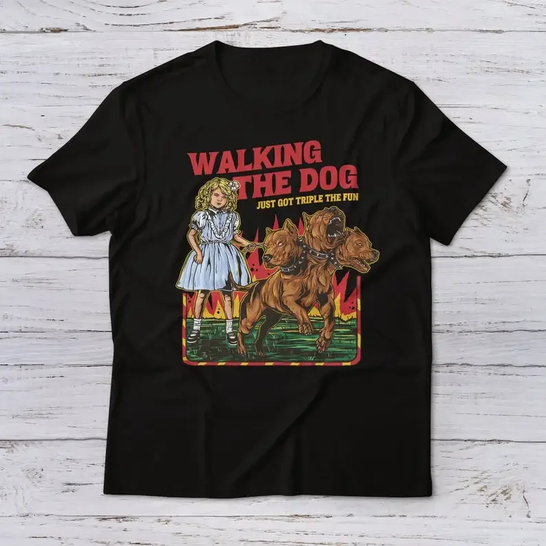 Walking the Dog Tripple the Fun T-Shirt See Sarcasm 60s Retro Vintage Comic Style Girls Meme Three Headed Dog Pets