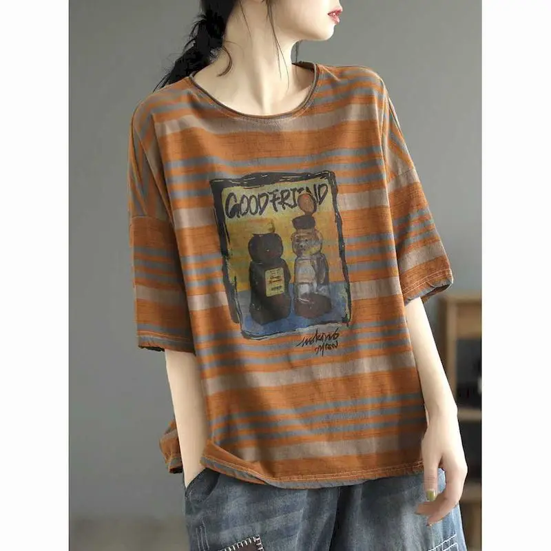 

Original Vintage T Shirts Women Cotton Printed Washed Old Striped T-shirt Casual Loose Short Sleeve Top Summer Trend Thin Tshirt