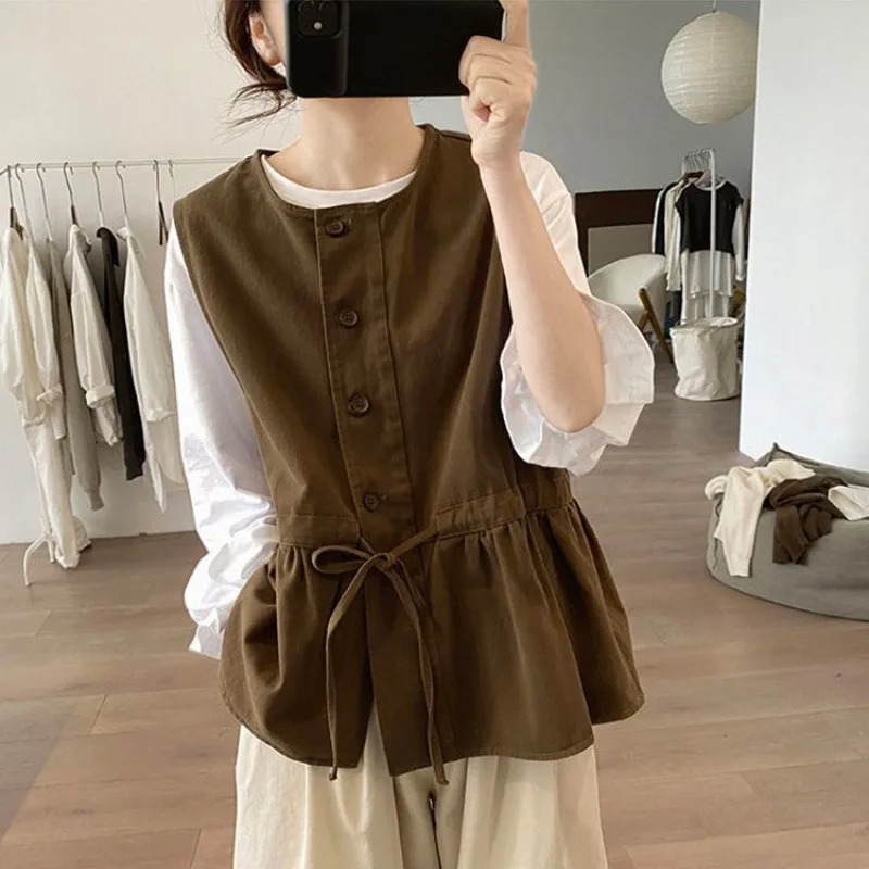 Japan Style Vests Women Retro Fashion Lace-up Chic Temperament Ladies All-match Korean Leisure Ins Tunic Clothes Simple Popular