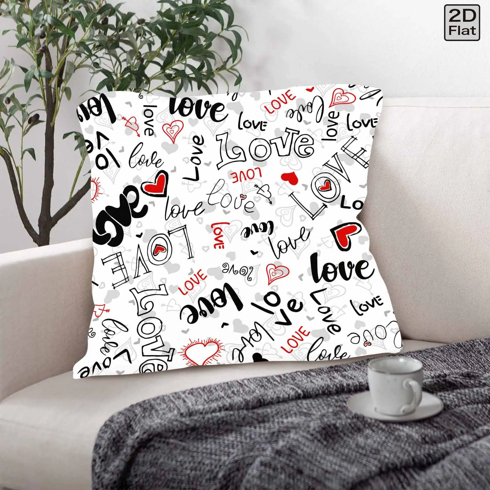 

Romantic Love Heart Pattern Pillowcase White Black Red Knitted Polyester Non-Zippered 18x18 Inch Valentine's Day Gift