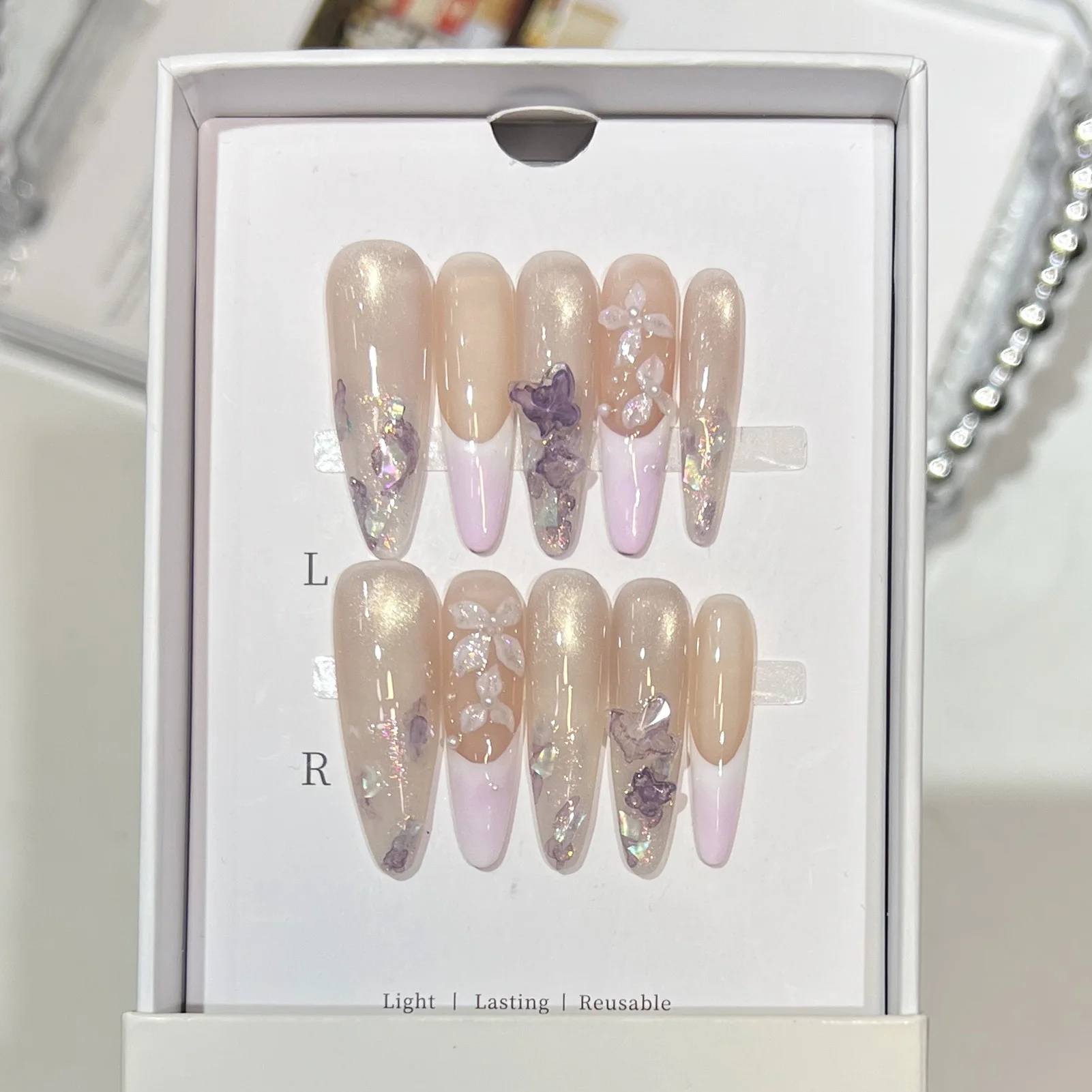 10 pçs suave longo amêndoa handamde unhas falsas estilo chinês tinta-lavagem borboleta flor imprensa em unhas olho de gato francês unhas falsas