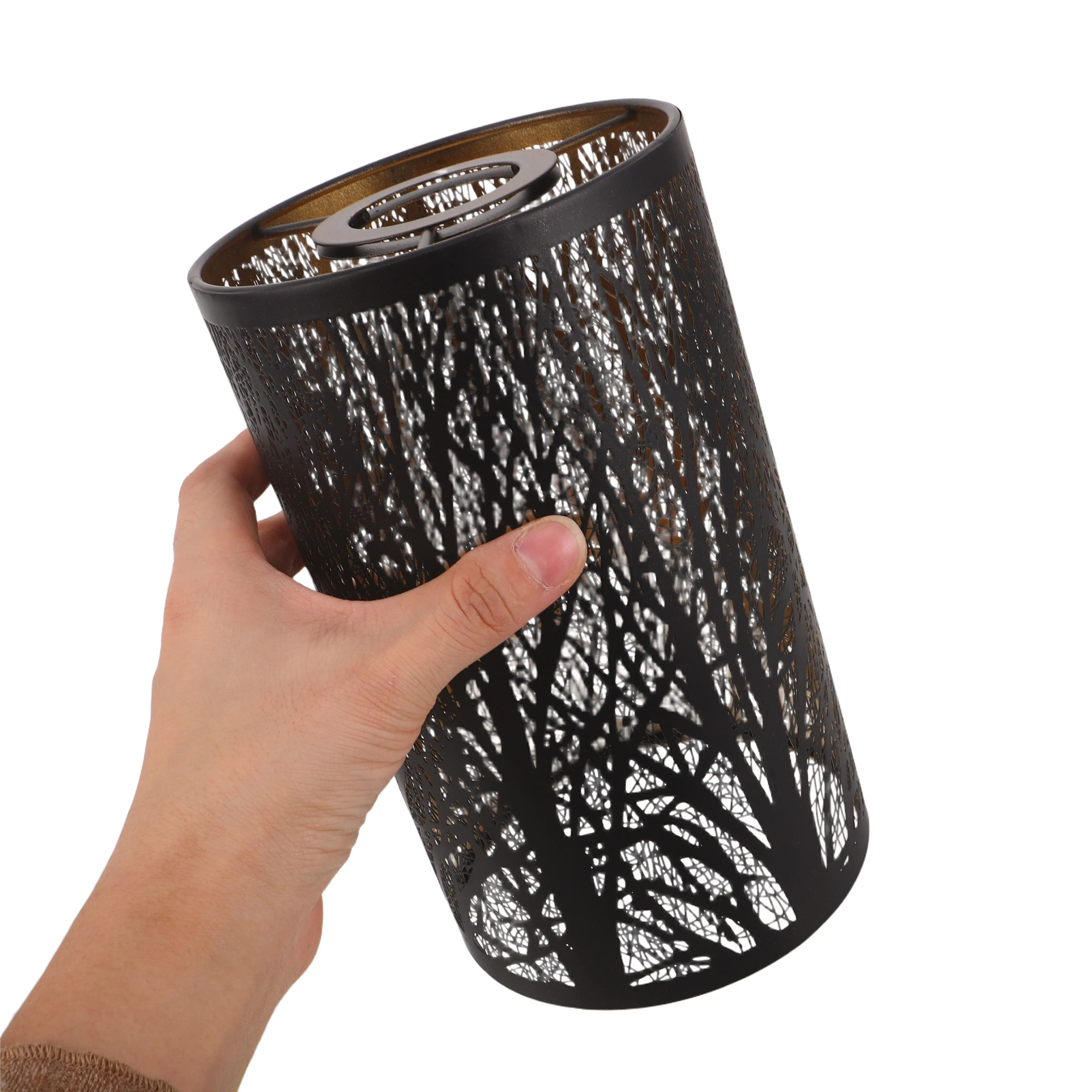 Barrel Metal Lamp Shade Black Gold Hollow Design Drum Carved Forest Lampshade Tree Shadow Pattern Accent Lighting Table Spider