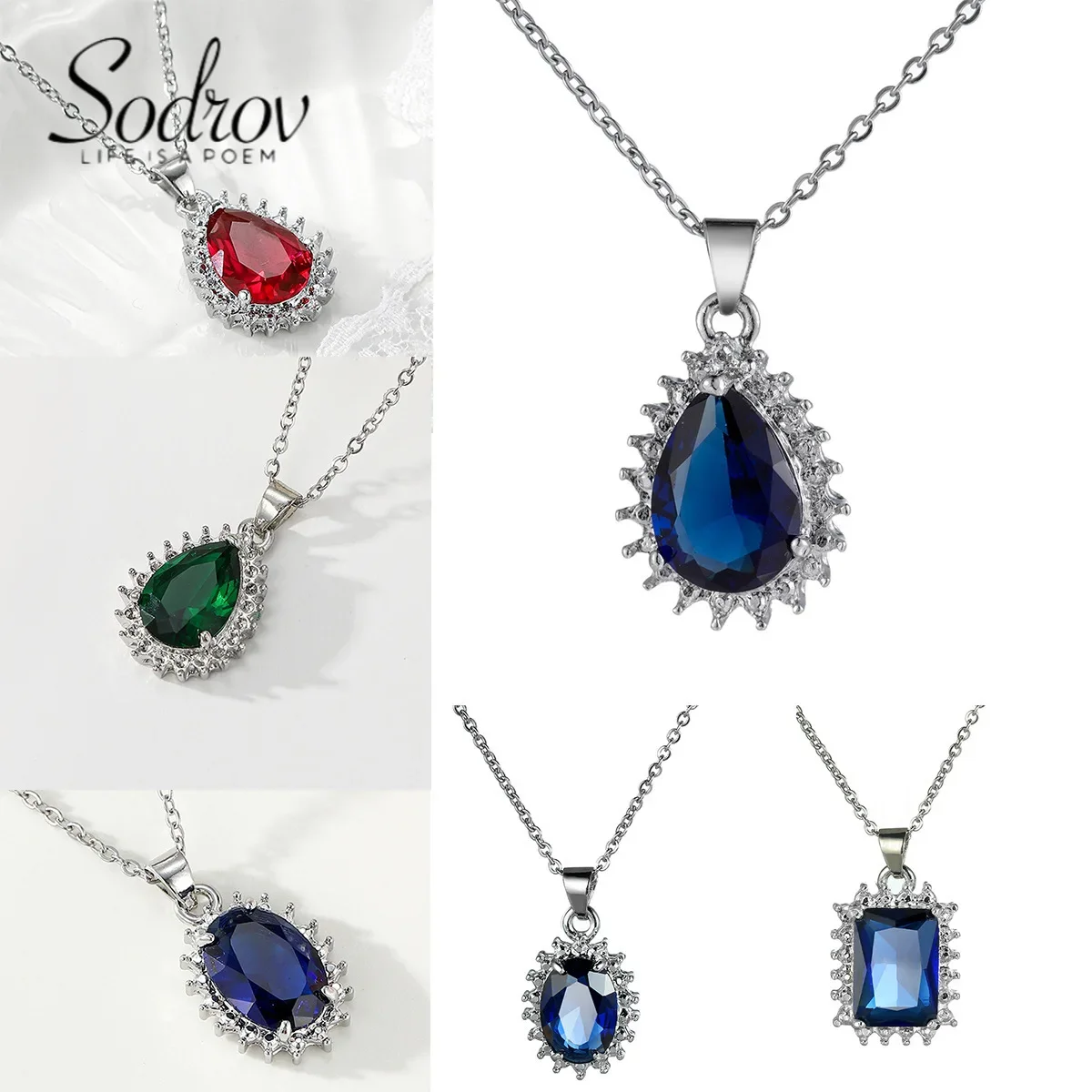 SODROV Vintage Blue Color Zircon Jewelry Pendant Neckalce for Women