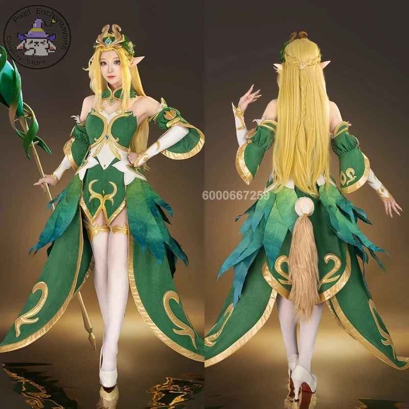 

ABC123Game Honor of Kings Cosplay Elven Princess Costume Anime Zhaojun Role Playing Green Dress Outfit Wig for Women C3;b,6/k'5;