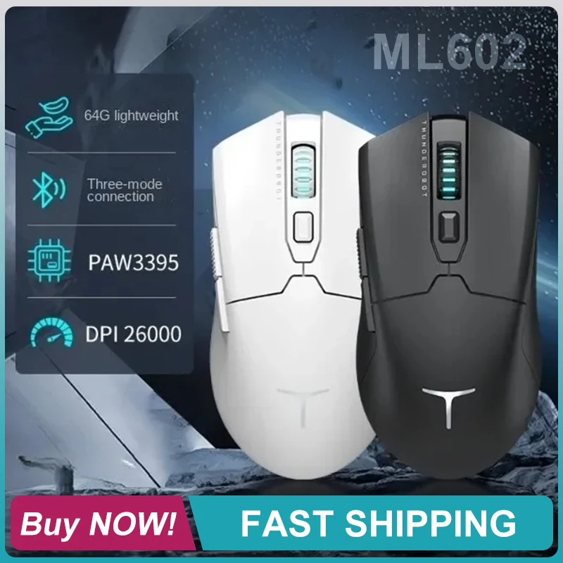 Thunderobot ML602 Wireless Gaming bluetooth  Mouse PAW3395 26000DPI 64g Lightweight Symmetrical Form Tri-mode For Laptop PC Game