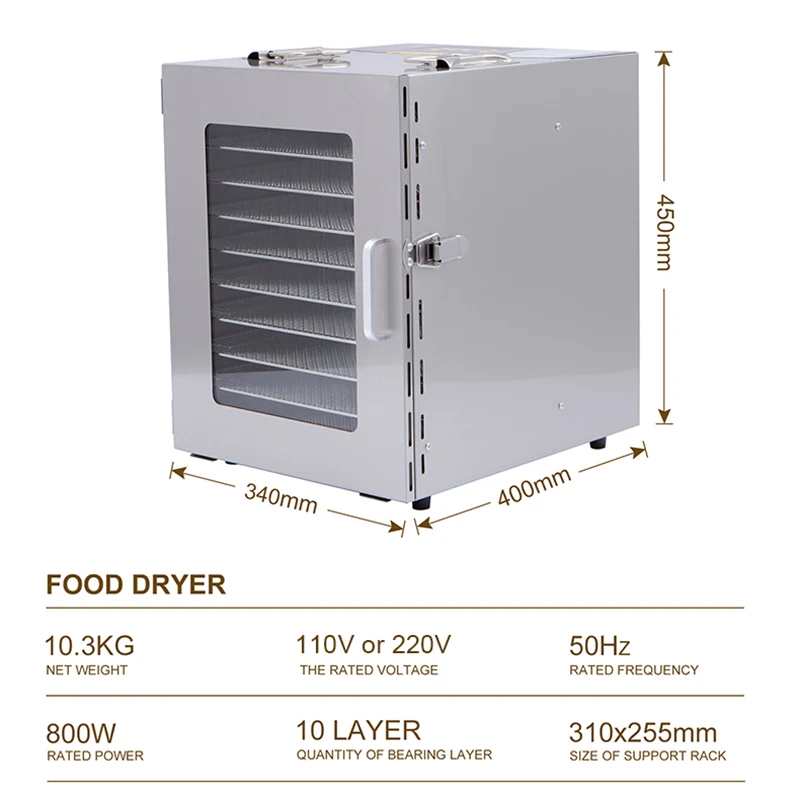 10 Trays Commercial Electric Dried Fruit Dehydrator 12 Layers Snack Pet Food Dryer Vegetable Herbs Meat Air Drying Machine 110V