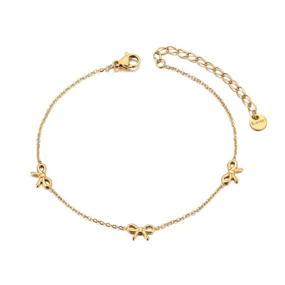 JeeMango 18K Gold Plated Stainless Steel Bowknot Charm Anklets For Women Trendy Bohemia Beach Party Chain Anklet Jewelry A24020
