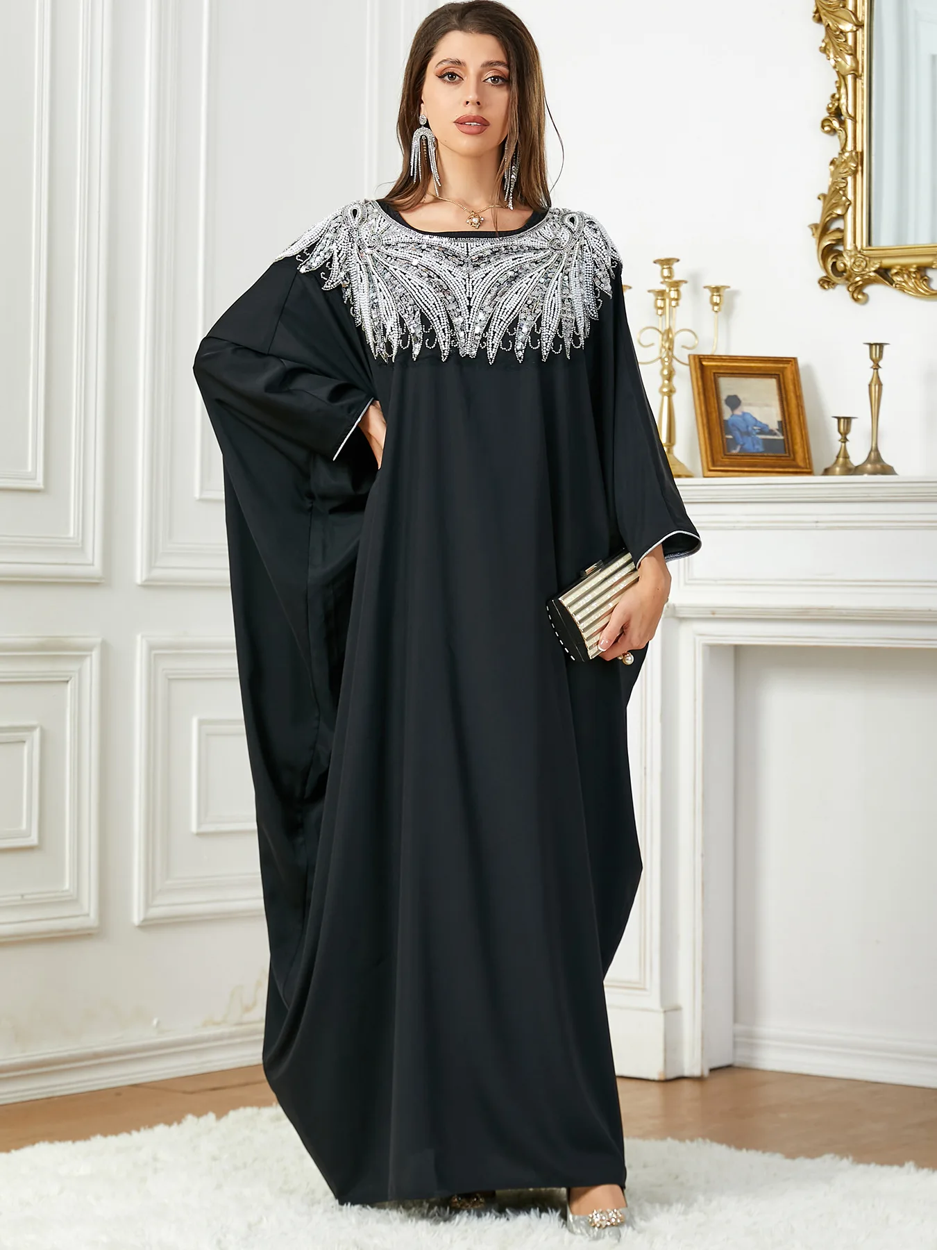 

Elegant Black Abayas Sequin Batwing Sleeve Maxi Dress for Women Muslim 2024 Caftan Marocian Femme Dubai Abaya Kaftan Robe Gown