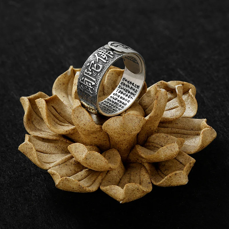 Namo Amitabha Ring Sterling Silver Embossed Retro Heart Sutra Buddha Ethnic Style Various Series 925 Mens Rings Jewelry