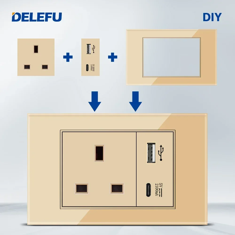 DELEFU English, Multi-functional Free Combination Computer USB Type C Wall Socket DIY Gold